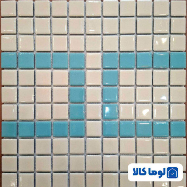 کاشی استخری گهرفام طرح دار | رنگ کرم و آبی